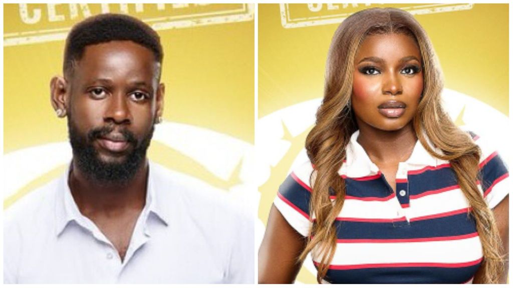 BBNaija housemates Isabella and Mensan pose in their official portraits against a yellow background