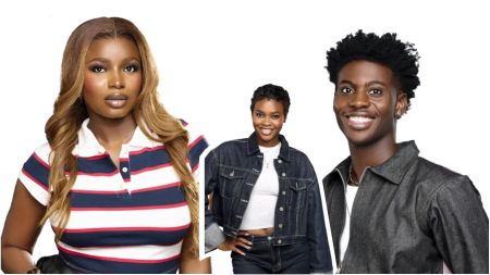 BBNaija Season 10 housemates Koyin, Isabella, and Dede pose for their official portraits. Koyin smiles in a dark denim jacket over a white top, Isabella poses in a striped polo shirt with long hair styled in soft waves, while Dede beams in a dark jacket with a white inner shirt.