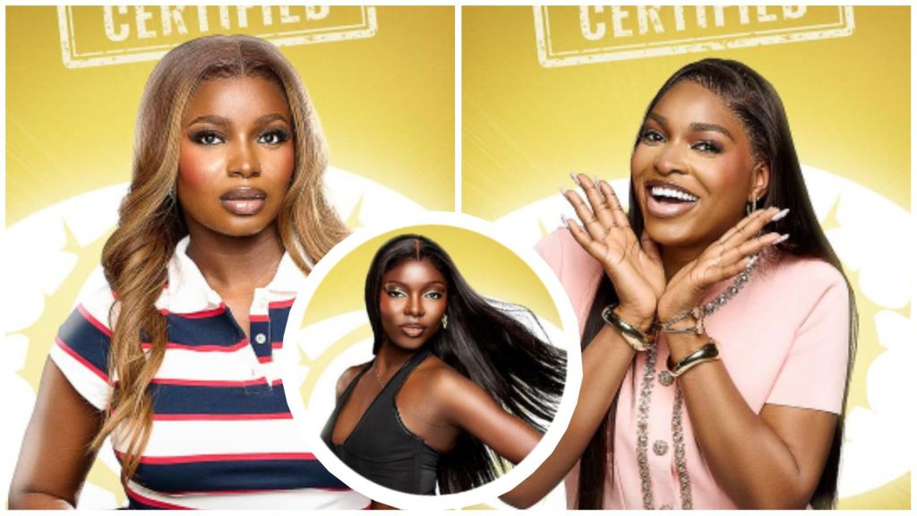 BBNaija housemates Isabella, Thelma, and Zita pose for their official portraits against a gold background, styled in vibrant outfits with bright smiles and confident expressions.