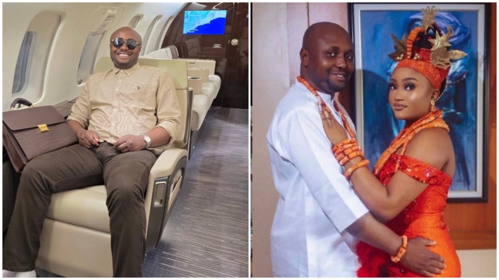 Isreal DMW in a private jet and an image of him and his estranged wife in traditional attires