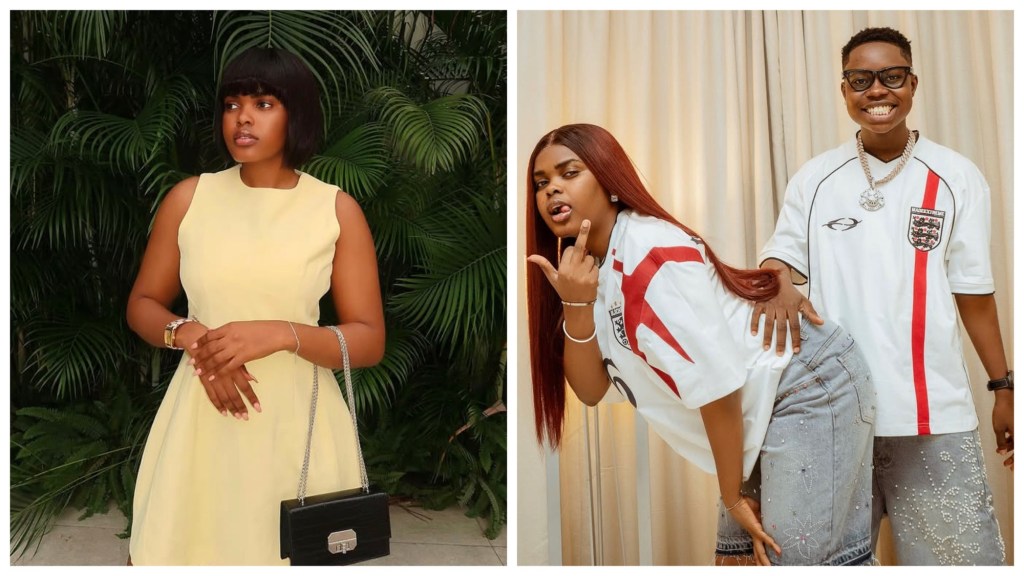 Jarvis in a pale yellow sleeveless dress holding a black handbag before lush green plants. Jarvis playfully poses in an England football shirt as smiling Peller in glasses stands behind with a hand on her waist