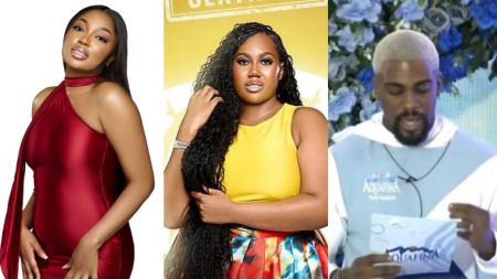 A collage featuring three BBNaija Season 10 housemates: on the left, Jasmine poses in a sleeveless red dress with her hand on her hip; in the middle, Mide wears a yellow top with a colourful skirt and long braided hair; on the right, Kola with blond hair is seen reading from a card while dressed in a branded Aquafina outfit, against a blue floral backdrop.