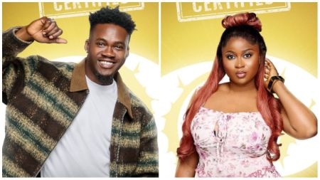 BBNaija housemates Jason and Imisi pose separately in their official portraits. Jason smiles brightly, dressed in a striped brown and green jacket over a white shirt, while Imisi stands confidently in a floral pink dress with her long hair styled in curls. Both are set against the Big Brother Naija gold-themed background.