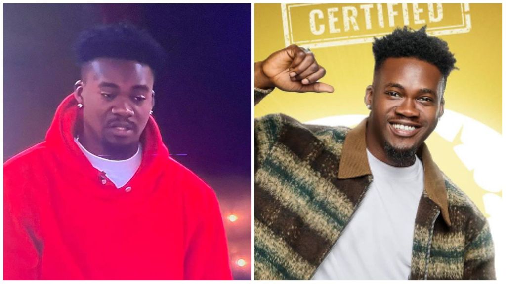 Side-by-side photo of BBNaija Season 10 housemate Jason. On the left, he wears a red hoodie while appearing in the house with a serious expression. On the right, he smiles in his official BBNaija portrait, dressed in a patterned jacket over a white shirt, posing with his fist raised.