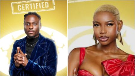 Side-by-side portraits of BBNaija Season 10 housemates Faith and Joanna. Faith wears a dark blue velvet jacket with a black inner top, hands clasped together, while Joanna poses in a bold red dress with a large bow detail, accessorised with gold earrings, against the official BBNaija certified backdrop.