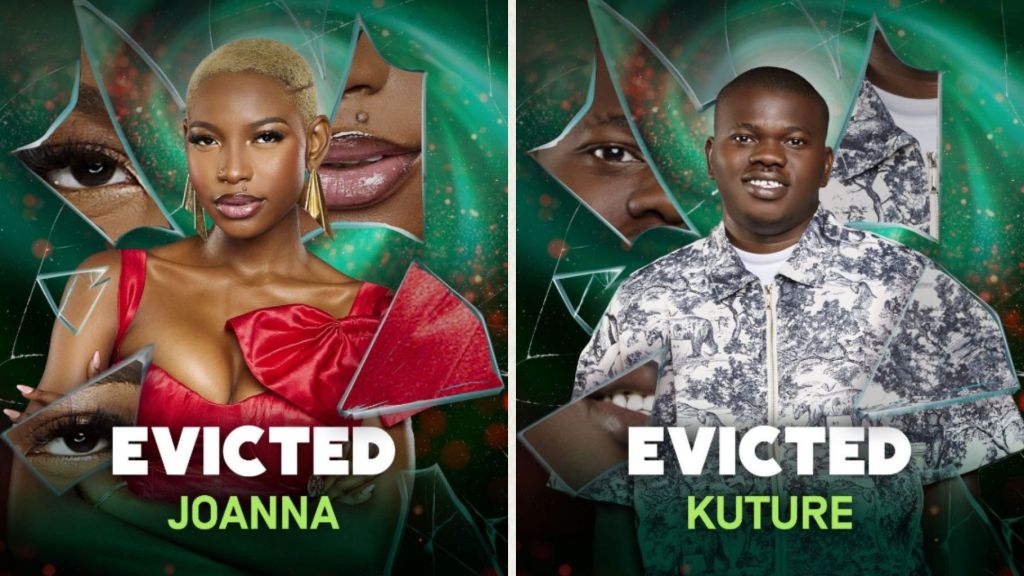 BBNaija Season 10 housemates Joanna and Kuture have been evicted. Joanna, dressed in a red outfit with a bold bow detail, poses against a shattered-glass graphic background. Beside her, Kuture smiles in a patterned white-and-blue jacket with the same eviction-themed design. Both images feature the word “EVICTED” in bold text across their portraits.