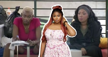 BBNaija Season 10 housemates Joanna and Mide are pictured in a conversation inside the house, while Imisi is shown in-set at the centre wearing a pink floral dress with styled red hair. Joanna wears a red outfit with a short blonde haircut, and Mide sits in a black outfit with a head wrap.
