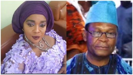 Nollywood actress Rita Edochie poses in a purple lace dress with matching headgear, while Nigerian politician Joe Igbokwe is pictured wearing a blue traditional outfit and cap.