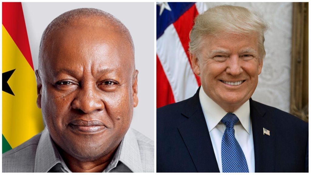 Side-by-side portraits of Ghanaian politician John Dramani Mahama in front of the Ghana flag and former U.S. President Donald Trump smiling in front of the American flag.