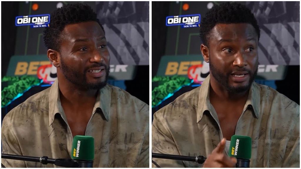 Former Nigerian international footballer John Mikel Obi speaking during an episode of The Obi One Podcast. He is seen in two frames, wearing a light brown patterned shirt, sitting behind a microphone with the BetWinner logo visible.