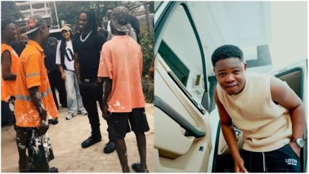 Nigerian singer Rema spotted interacting with pop boys, (left). JuJu pro seen stepping out of a car, wearing a sleeveless beige top and black shorts (right).