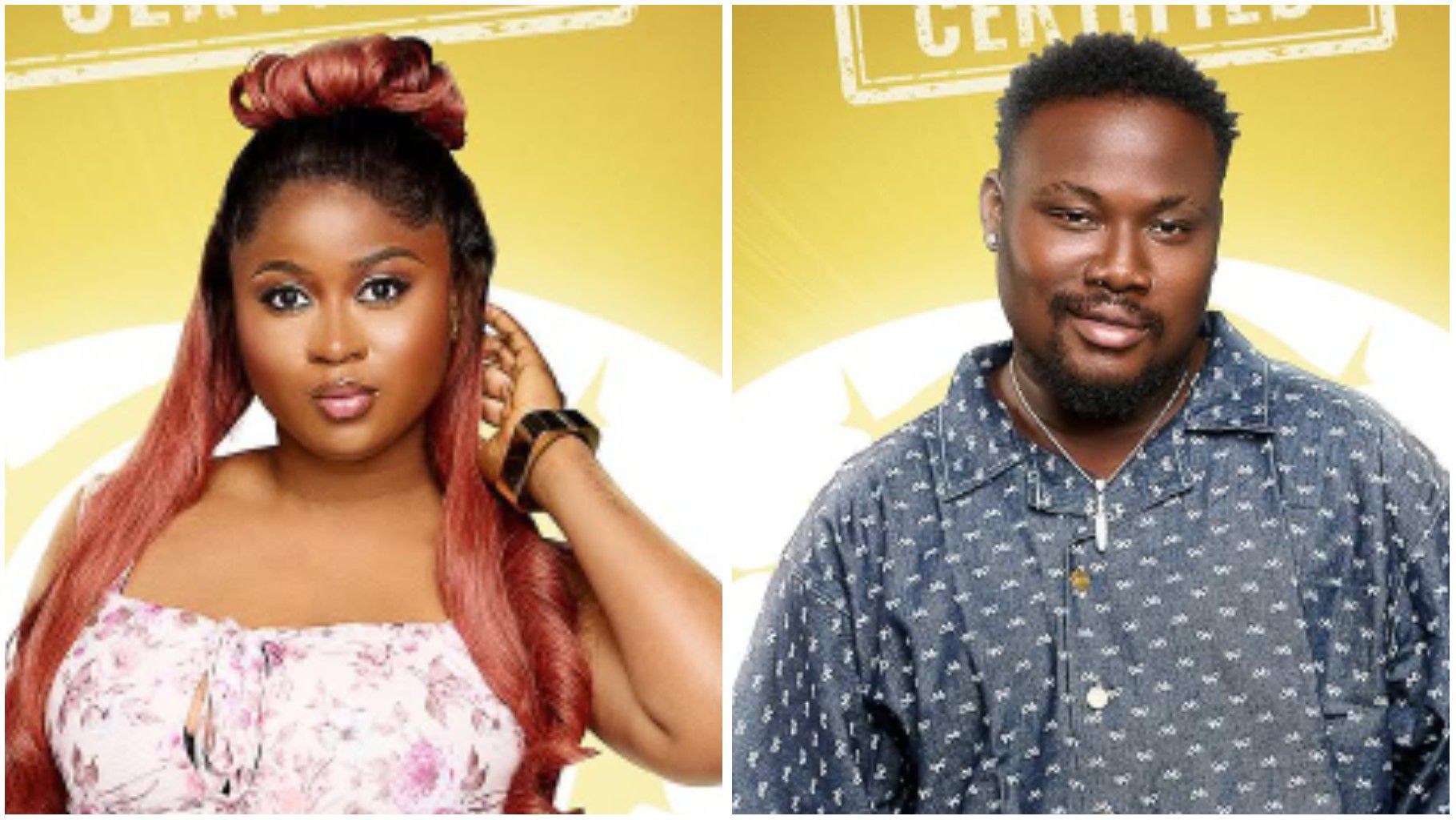 BBNaija housemates Imisi in a floral dress and Kaybobo in a patterned shirt pose separately against the yellow Big Brother backdrop.