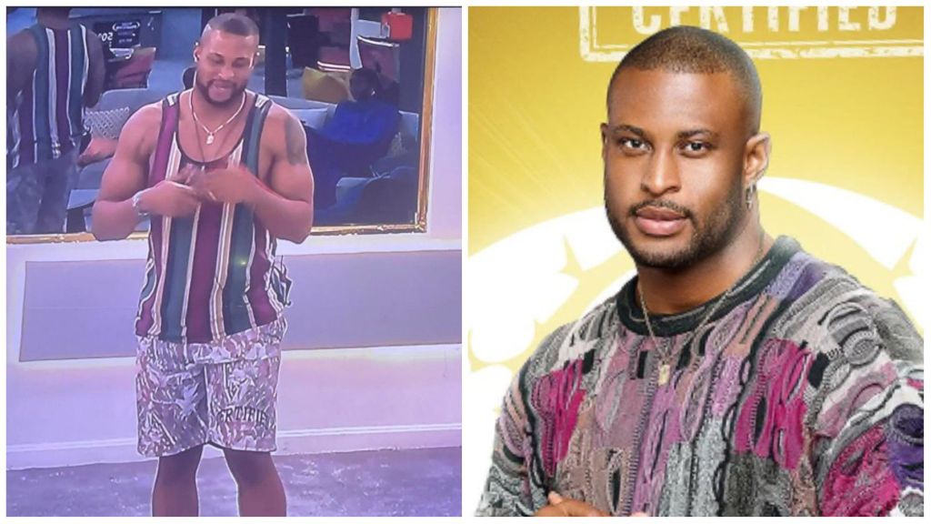 Side-by-side photos of BBNaija housemate Kaybobo. On the left, he is seen inside the Big Brother house wearing a striped tank top and patterned shorts, smiling and gesturing with his hands. On the right, he poses for his official BBNaija portrait in a patterned sweater, looking confident with folded arms.