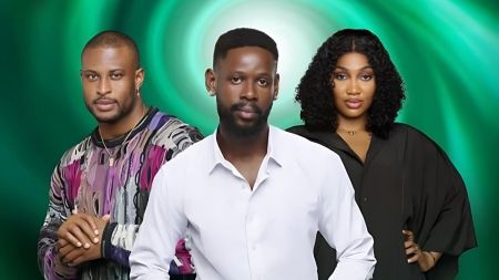 Kaybobo, Mensan, and Sultana pose together against a green-themed background, each dressed stylishly for their Big Brother Naija portraits.