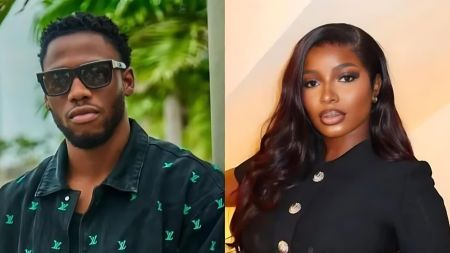 Kayikunmni in sunglasses beside Isabella; he wears a black LV shirt outdoors, she wears a black buttoned dress indoors.