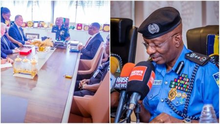 Nigeria’s Inspector General of Police, Kayode Egbetokun, seen in two moments — holding a high-level meeting with officials in his office and addressing the press in uniform during a media briefing.