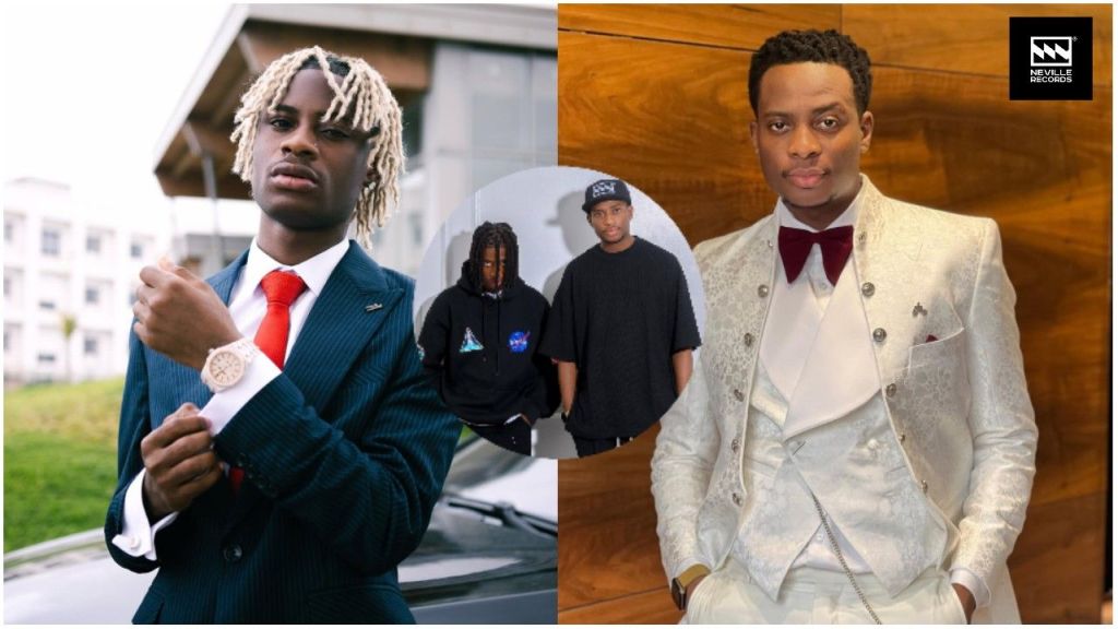 Nigerian singer Khaid poses in a navy blue suit with a red tie, while music executive Sydney, dressed in a white patterned suit with a red bow tie, poses indoors. A smaller inset shows Khaid with label colleagues.