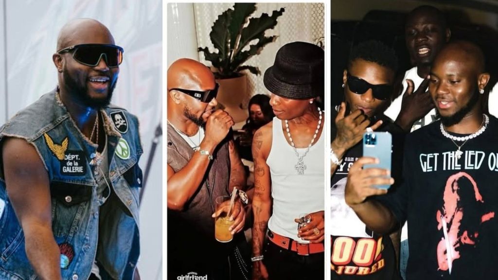 Ghanaian singer King Promise is seen in three photos — on the left, he smiles in a denim vest with patches and dark shades; in the middle, he chats with Nigerian superstar Wizkid, who wears a black hat, white vest, and silver chain; and on the right, Wizkid poses with King Promise as they take a selfie together at an event.