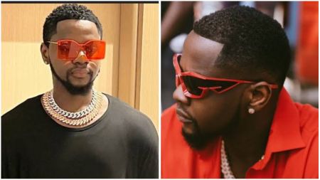 Nigerian singer Kizz Daniel pictured in two stylish looks, wearing bold red sunglasses, heavy jewellery, and trendy outfits.