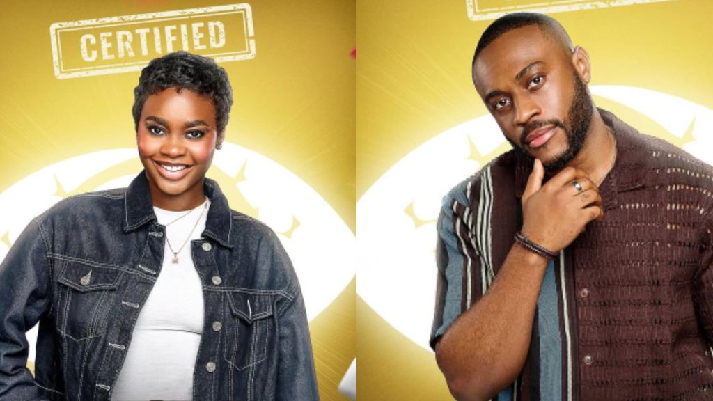 Side-by-side promotional portraits on a gold background stamped “CERTIFIED.” Left: smiling woman with short natural hair in a dark denim jacket over a white top. Right: man with a low cut and trimmed beard in a brown, striped, short-sleeve shirt, hand on chin. Large white eye-shaped logo glows behind each.