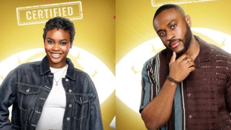 Side-by-side promotional portraits on a gold background stamped “CERTIFIED.” Left: smiling woman with short natural hair in a dark denim jacket over a white top. Right: man with a low cut and trimmed beard in a brown, striped, short-sleeve shirt, hand on chin. Large white eye-shaped logo glows behind each.