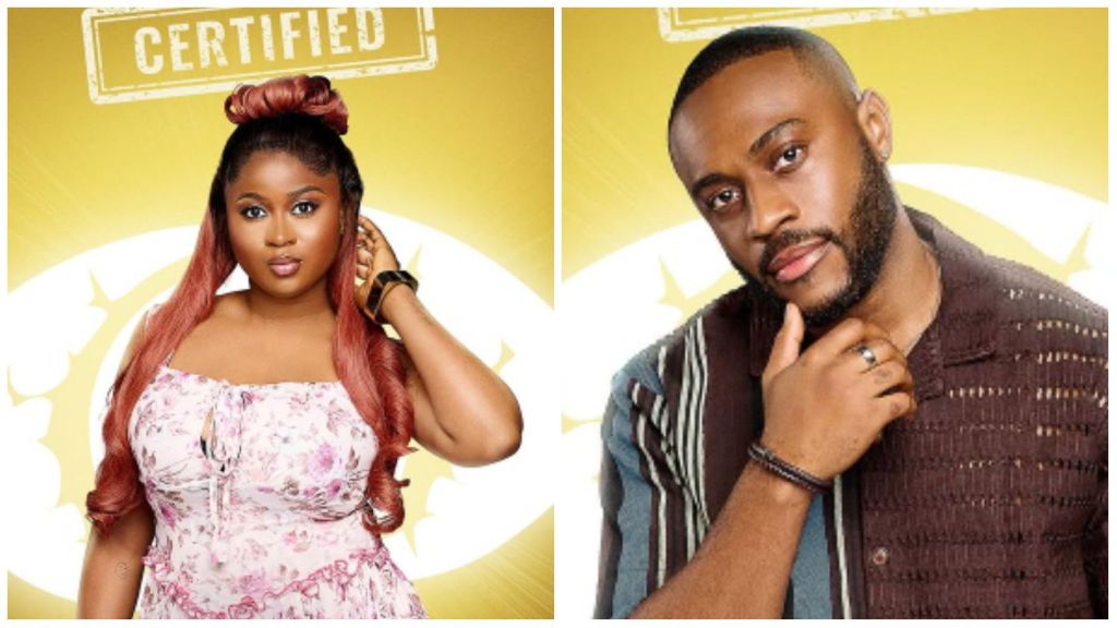 BBNaija housemates Kola and Imisi pose in their official portraits against a yellow background