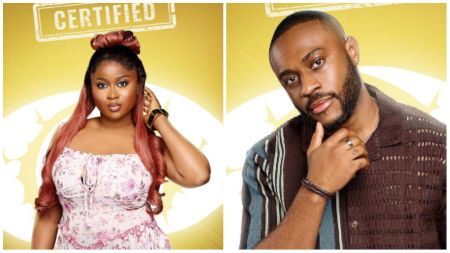 BBNaija housemates Kola and Imisi pose in their official portraits against a yellow background