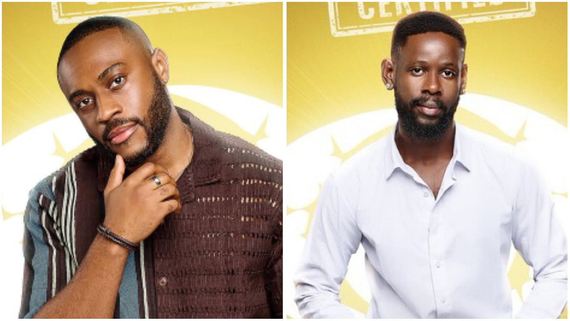 BBNaija Season 10 housemates Kola and Mensan pose for their official portraits against a yellow background.