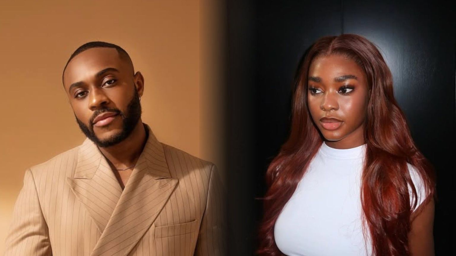 BBNaija Season 10 housemates Kola and Dede pictured side by side. Kola, dressed in a beige pinstriped suit jacket, poses against a warm tan background. Dede, wearing a fitted white top with her long auburn hair styled in waves, stands against a dark backdrop, looking poised and elegant.