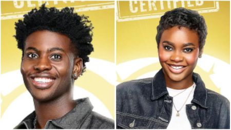 BBNaija housemates Koyin and Dede smiling in their official portraits on a yellow background