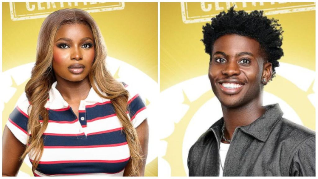 Side-by-side portraits of BBNaija housemates Koyin and Isabella. Koyin smiles brightly in a grey jacket over a white shirt, while Isabella poses confidently in a striped red, white, and blue polo top, with long wavy blonde hair.