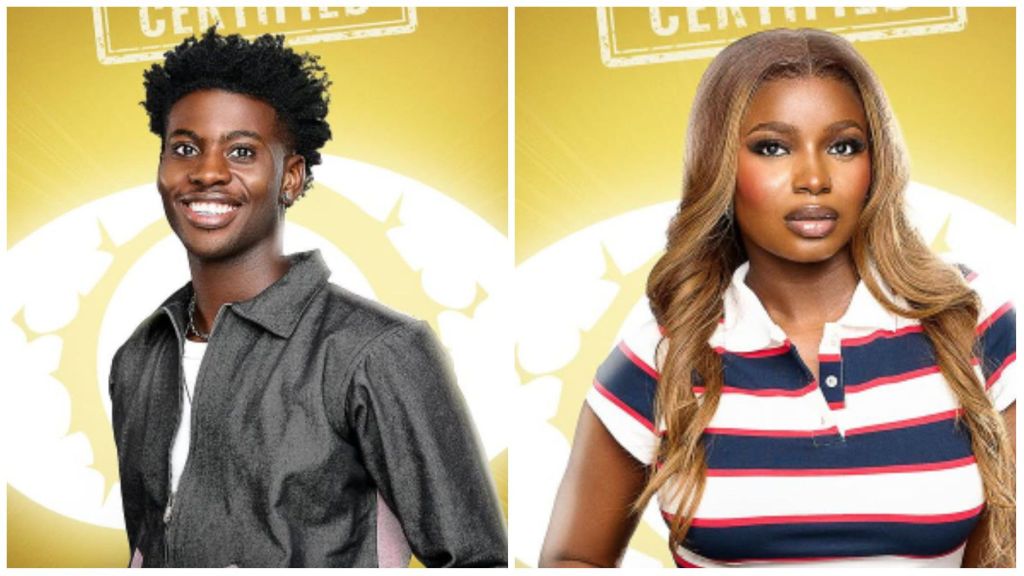 Side-by-side photo of BBNaija Season 10 housemates Koyin in a dark jacket and Isabella in a striped polo shirt, both posing against a yellow certified backdrop.