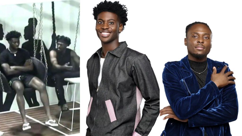 Side-by-side collage of BBNaija housemates Hoyin and Faith. On the left, Hoyin is seated in the lounge wearing a black outfit during a house moment. In the middle, Faith is smiling in a denim jacket with pink details. On the right, Faith poses confidently in a blue velvet jacket with arms crossed.