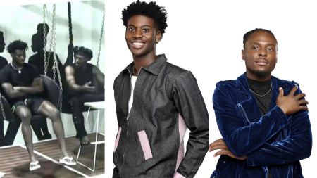 Side-by-side collage of BBNaija housemates Hoyin and Faith. On the left, Hoyin is seated in the lounge wearing a black outfit during a house moment. In the middle, Faith is smiling in a denim jacket with pink details. On the right, Faith poses confidently in a blue velvet jacket with arms crossed.