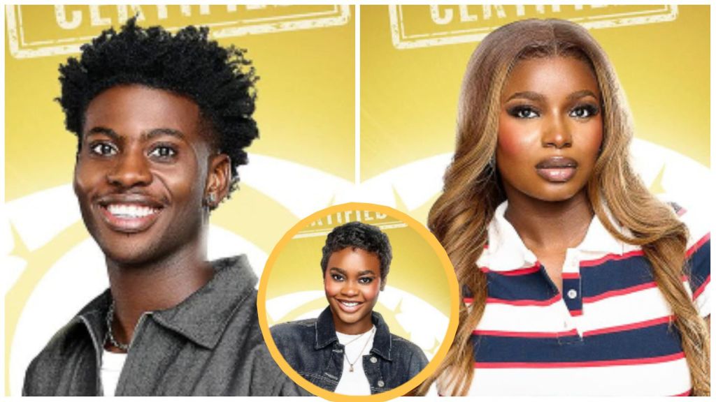 BBNaija Season 10 housemates Koyin, Isabella, and Dede pictured in their official portraits, all smiling against a golden background.