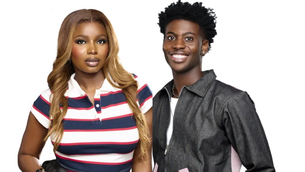 BBNaija Season 10 housemates Koyin and Isabella pose side by side, with Koyin in a striped polo top and Isabella in a dark jacket, both smiling confidently.