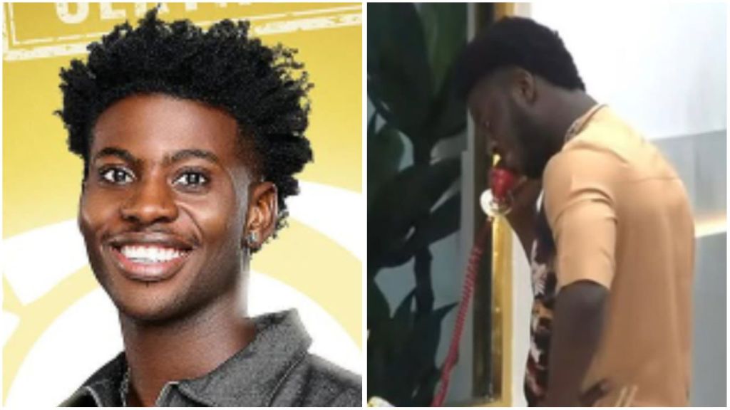 BBNaija housemate Koyin smiling in a studio portrait (left) and seen answering Biggie’s red telephone inside the house (right).