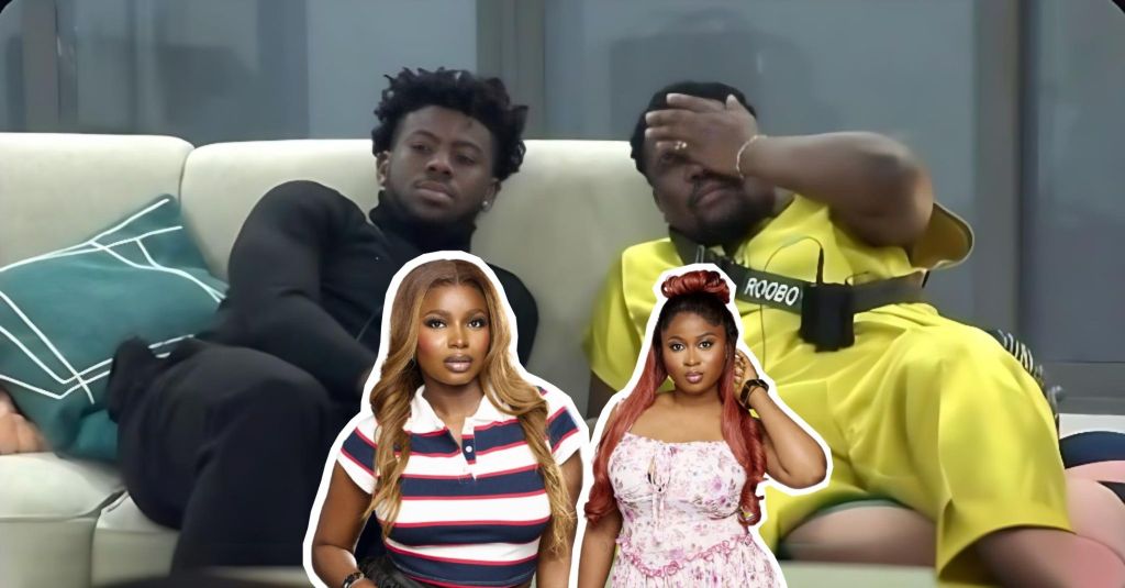 BBNaija Season 10 housemates Koyin and Rooboy lie on a couch, with Koyin looking ahead and Rooboy covering his face with his hand. Inset images at the bottom show fellow housemates Isabella and Imisi posing separately.