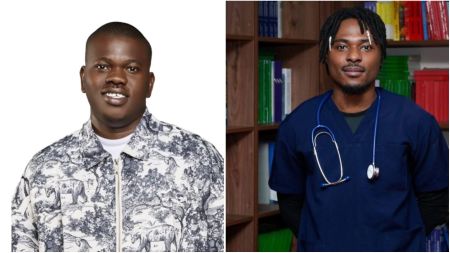 Side-by-side photos of Future and Faith. Left: Future smiles in a patterned white and grey jacket against a plain background. Right: Faith, wearing navy blue medical scrubs with a stethoscope around his neck, poses in front of a bookshelf filled with colourful books.