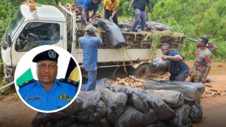 Kwara State police officers offloading bags from a truck loaded with yams, with an inset image of a senior police officer in uniform.