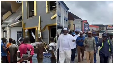 Crowd gathers as Lagos State Government officials demolish marked plazas, with debris and damaged structures visible at the site.