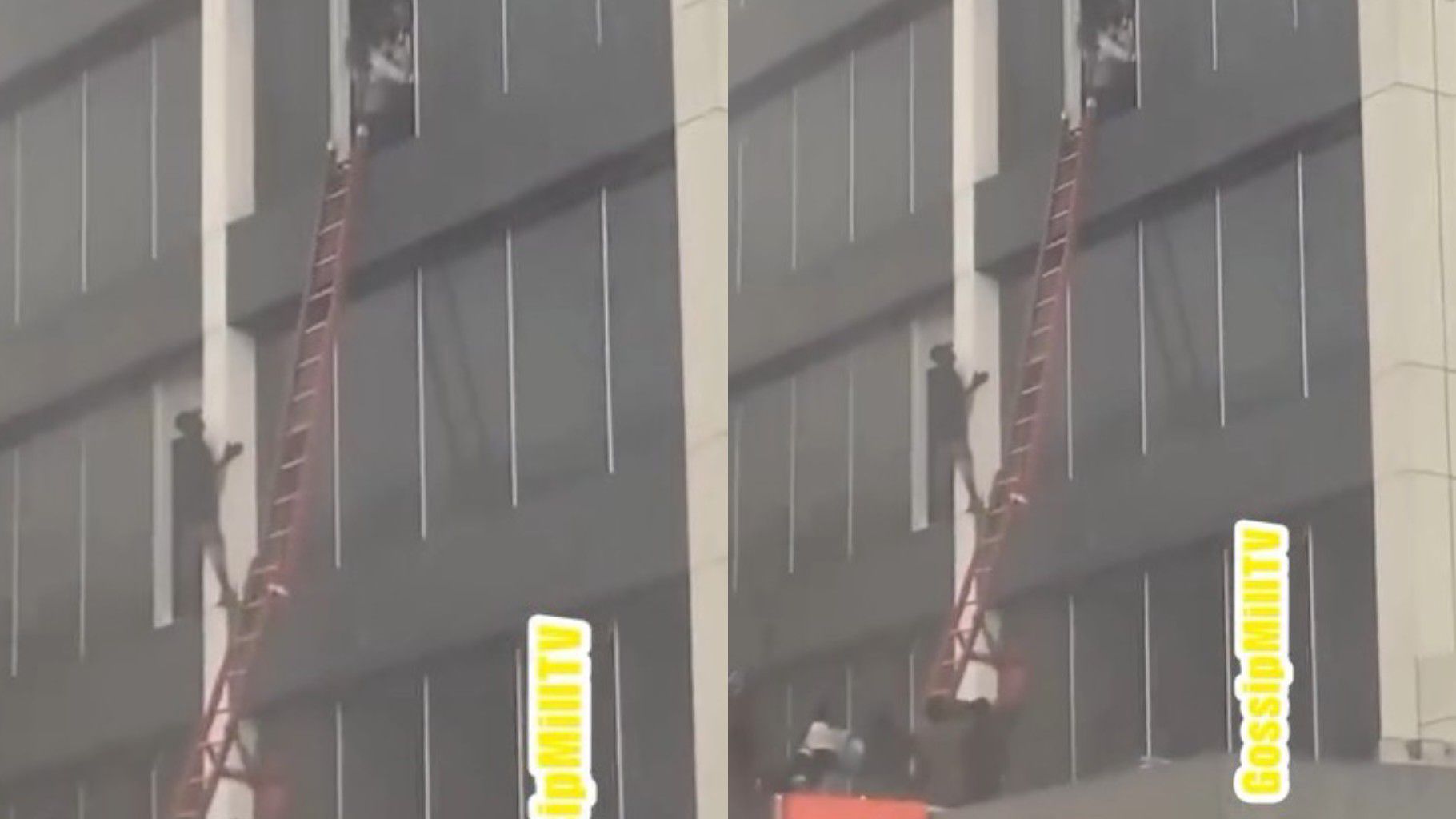Two side-by-side images show people escaping through a window of a tall building in Lagos using a long red ladder during a fire incident. Some individuals are seen climbing down while others wait by the window for their turn to descend.