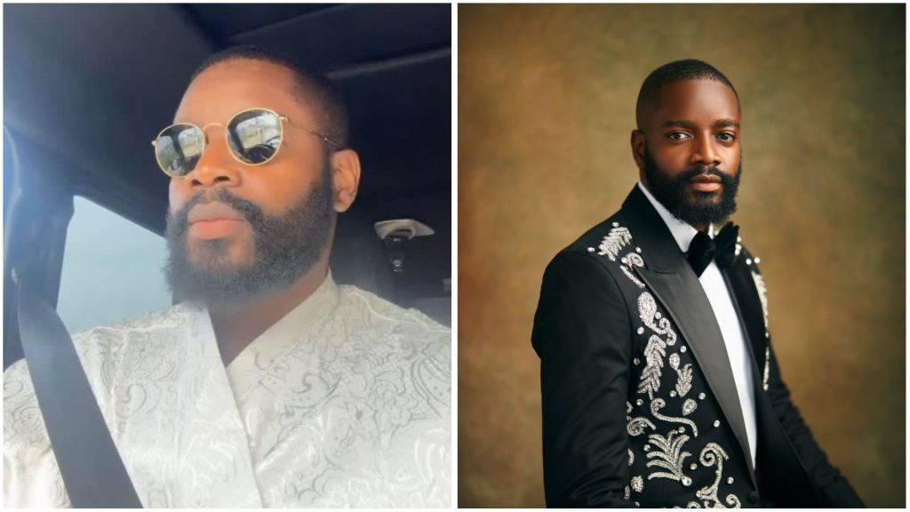 Nigerian reality TV star and entrepreneur Leo DaSilva seen in two shots, one in a car wearing sunglasses and a white embroidered outfit, and another in a formal portrait dressed in a black suit embellished with silver designs.