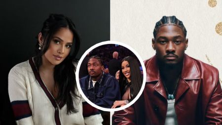 Model Aileen Lopera poses in a cream sweater on the left. On the right, NFL player Stefon Diggs sits in a brown leather jacket, staring at the camera. At the centre inset, Stefon Diggs is pictured courtside at a basketball game with rapper Cardi B smiling beside him.