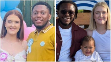 Side-by-side photos of Lotanna with his partner at a gender reveal, and with his partner and baby posing outdoors.