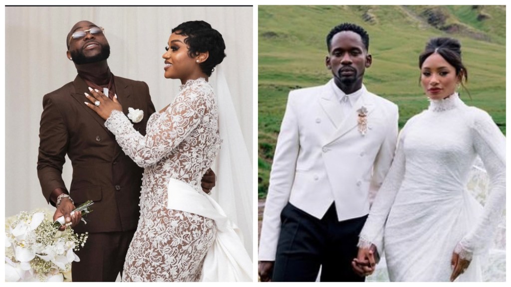 wedding portraits of Davido and Chioma, Temi in white lace gowns, Mr Eazi in brown and white suits.