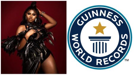 Nigerian influencer Mandy Kiss poses in a black feathered outfit against a deep red background, alongside the official Guinness World Records logo featuring a gold star and blue text.