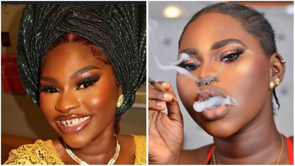 Collage of Mandy Kiss in two different moods: on the left, she smiles brightly wearing a glittering gele and gold outfit; on the right, she exhales smoke while holding a rolled blunt, showing a bold expression.