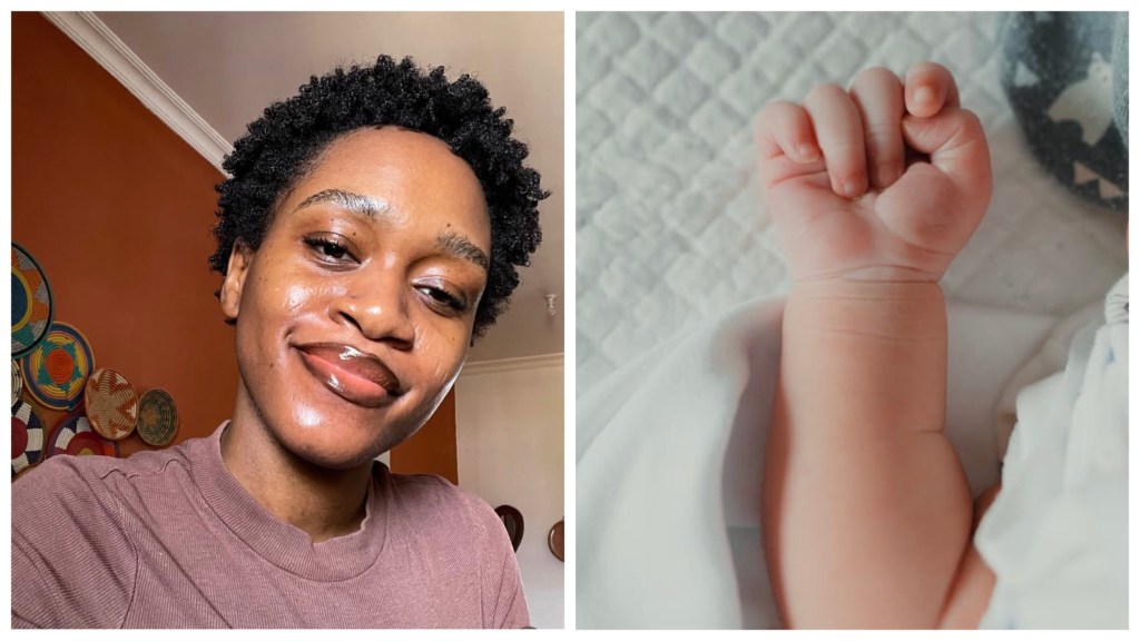 Maraji smiling woman with short natural hair indoors; beside her, a close-up of a newborn’s clenched hand on a white quilt.