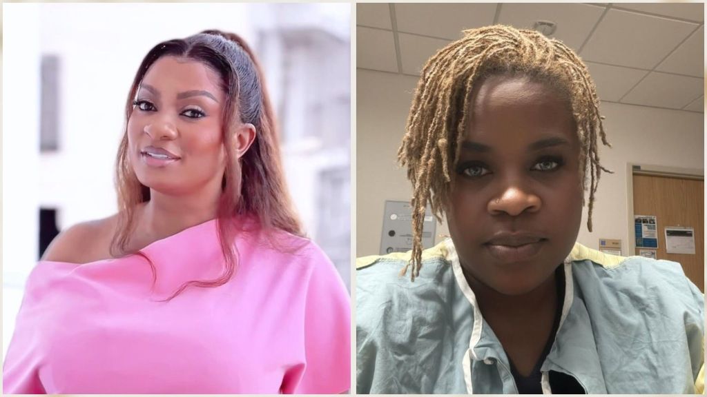 Side-by-side image of May Yul Edochie and Yinka Theisen. On the left, May Yul Edochie is dressed in a pink off-shoulder outfit, smiling softly at the camera. On the right, Yinka Theisen is pictured indoors wearing a medical gown, with blonde dreadlocks falling across her face as she looks directly at the camera.